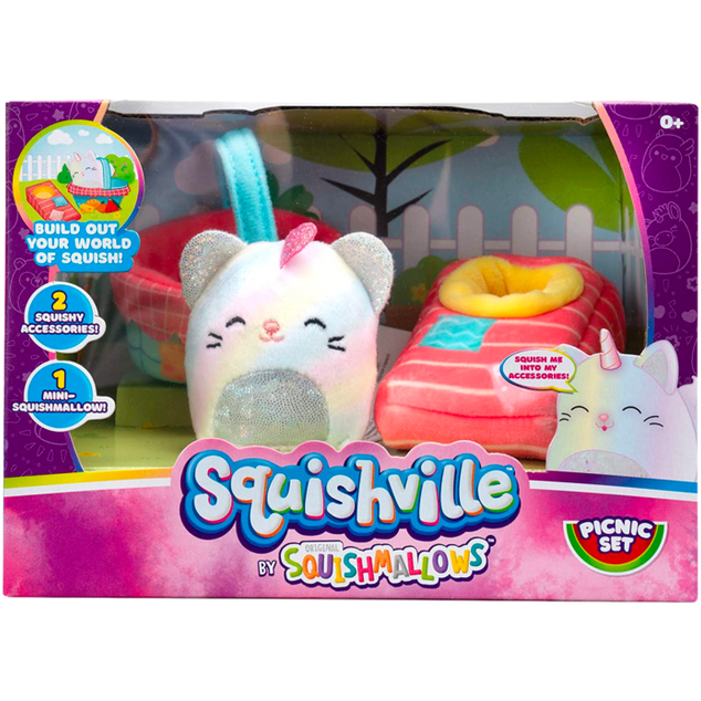 Squishville - Picnic Set with Camilla the Rainbow Caticorn Mini Squishmallow 2” Plush Playset
